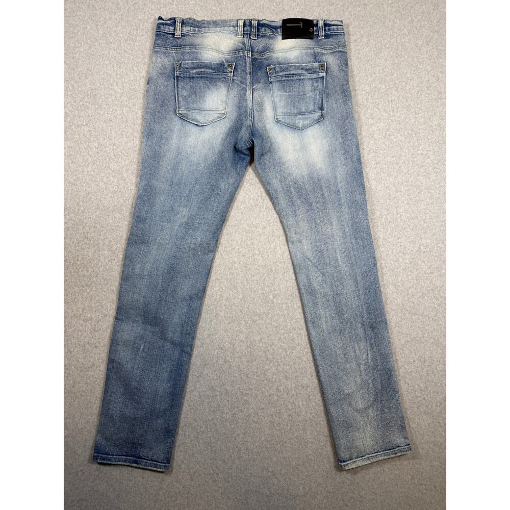 Copper Rivet Distressed Moto Mens Jeans Plaid Rip & Repair Light Blue 38x32 Slim - Picture 2 of 16